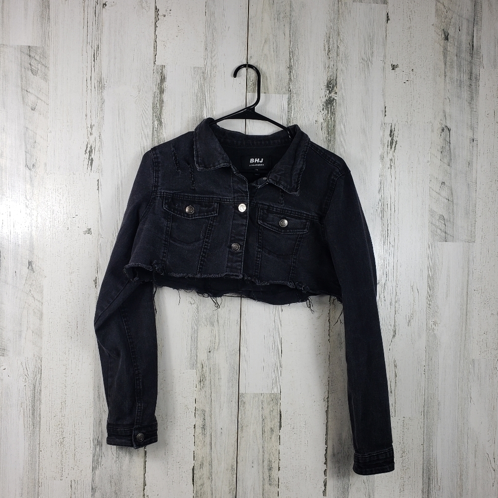 BHJ S. California cropped distressed raw hem black jean jacket juniors size XL